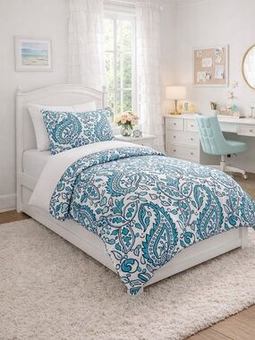 Pottery Barn Teen Twin Duvet Cover & Sham Navy Aqua Paisley Cotton Dorm Preppy